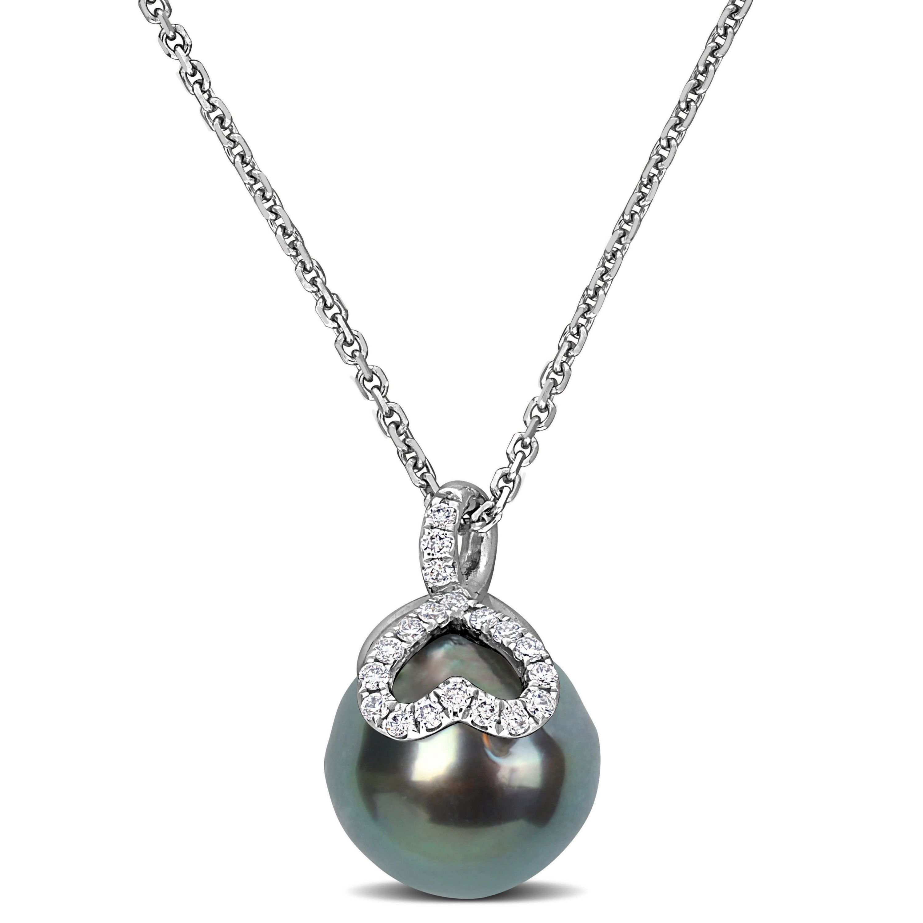 9-9.5mm Tahitian Cultured Pearl and 1/10 ct. t.w. Diamond Heart Pendant with Chain in 14K White Gold