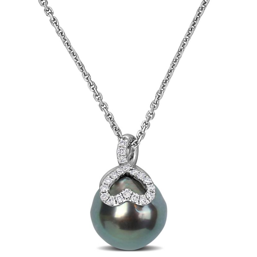 9-9.5mm Tahitian Cultured Pearl and 1/10 ct. t.w. Diamond Heart Pendant with Chain in 14K White Gold