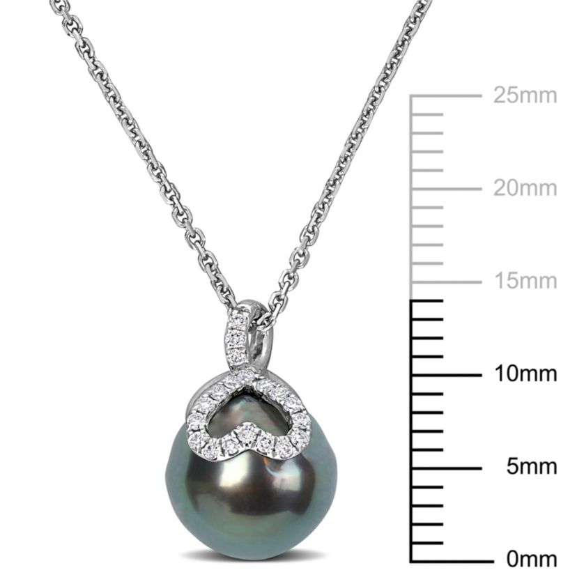 9-9.5mm Tahitian Cultured Pearl and 1/10 ct. t.w. Diamond Heart Pendant with Chain in 14K White Gold