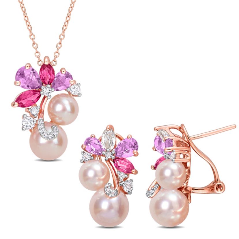 2-Piece Set of Pink Freshwater Cultured Pearls and Multi-Gemstone Earrings and Necklace in Rose Plated Sterling Silver