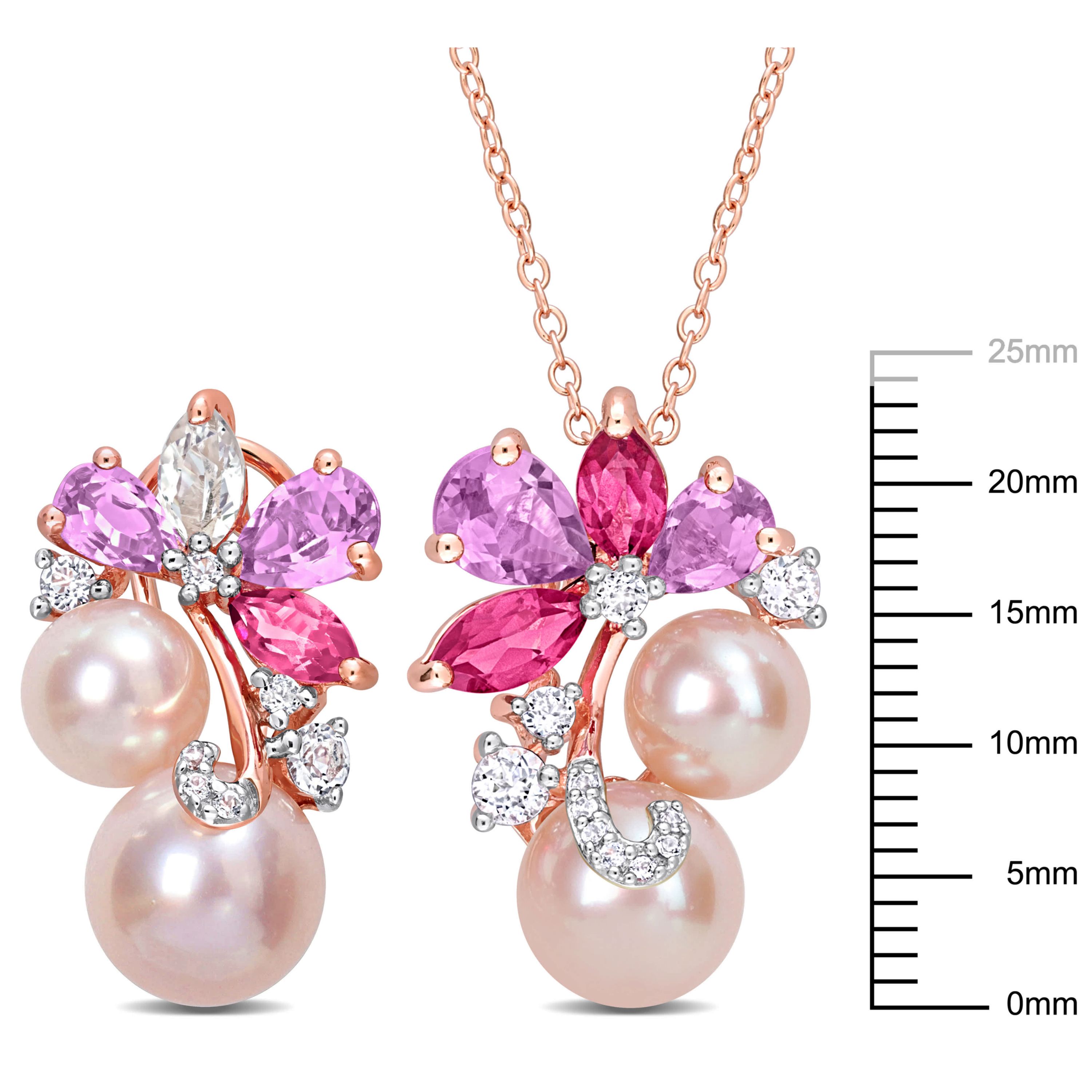 2-Piece Set of Pink Freshwater Cultured Pearls and Multi-Gemstone Earrings and Necklace in Rose Plated Sterling Silver
