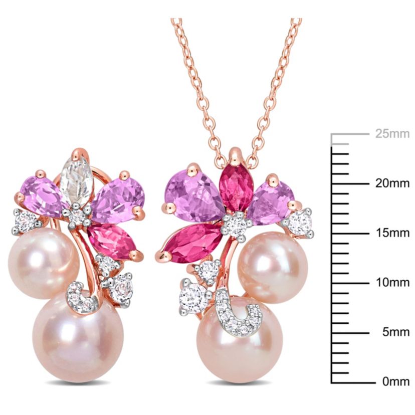 2-Piece Set of Pink Freshwater Cultured Pearls and Multi-Gemstone Earrings and Necklace in Rose Plated Sterling Silver