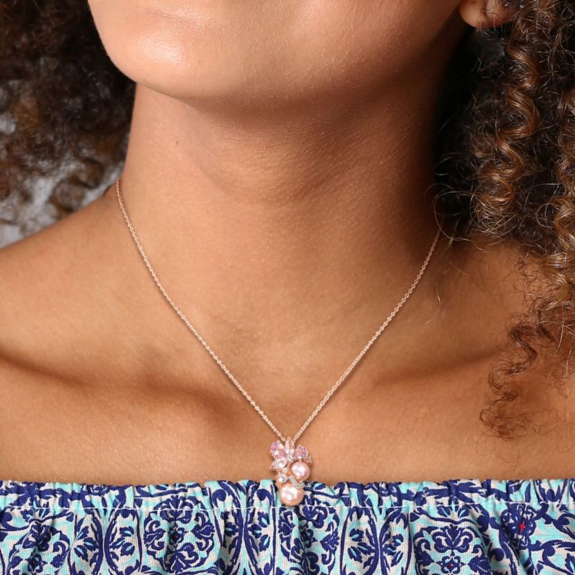 2-Piece Set of Pink Freshwater Cultured Pearls and Multi-Gemstone Earrings and Necklace in Rose Plated Sterling Silver