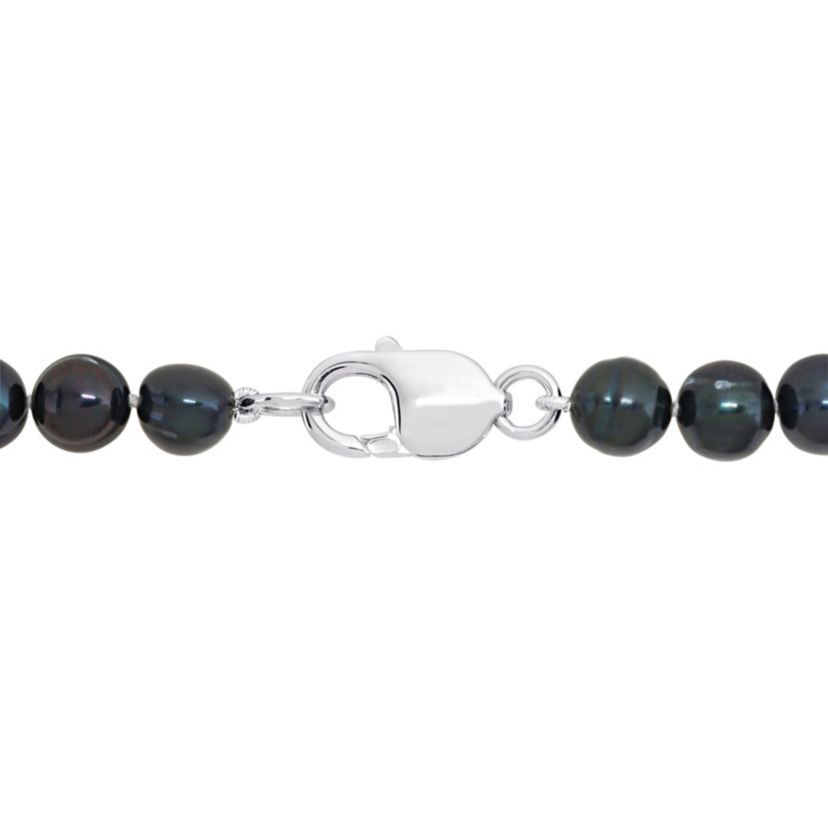 2-Piece Set of 8-8.5mm Black Freshwater Cultured Pearl Strand Bracelet and Necklace in Sterling Silver