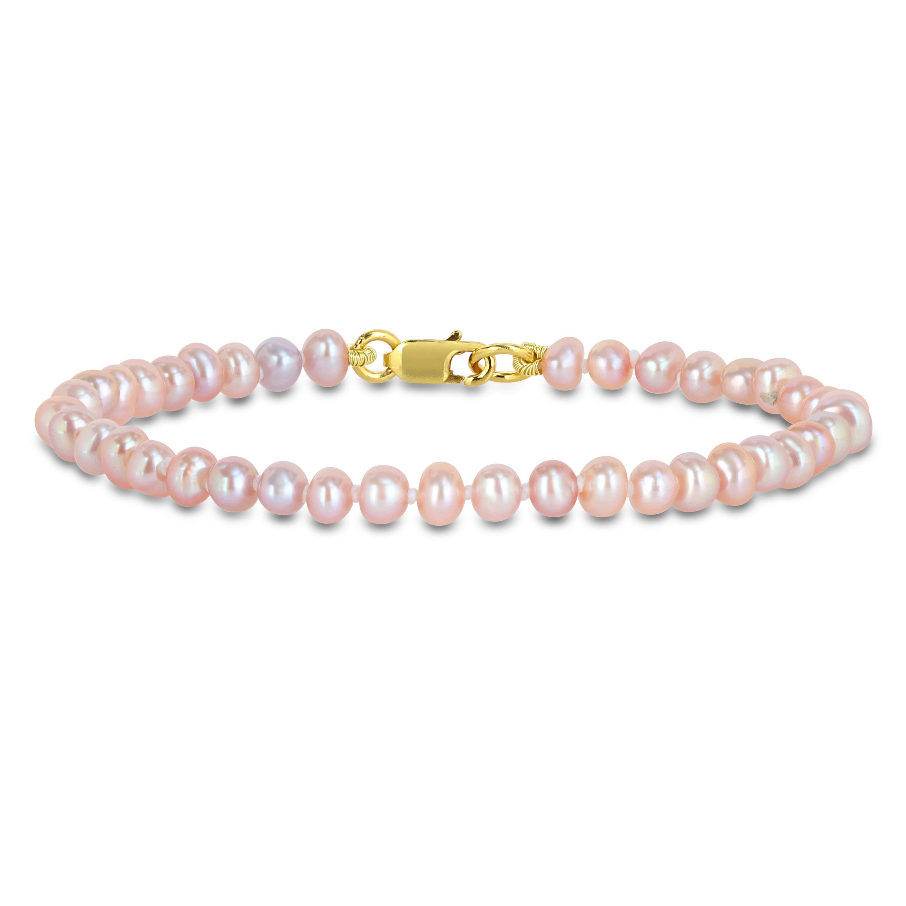 3-4mm Pink Freshwater Cultured Pearl Bracelet in Yellow Plated Sterling Silver