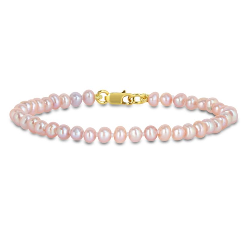 3-4mm Pink Freshwater Cultured Pearl Bracelet in Yellow Plated Sterling Silver