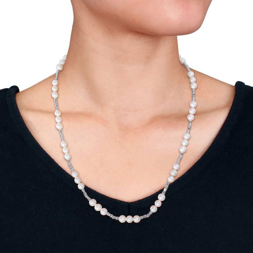 6-6.5mm Freshwater Cultured Pearl Station Necklace in Sterling Silver