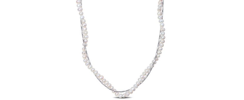 3.5-4mm Freshwater Cultured Pearl Strand with Chain Twisted Together Necklace in Sterling Silver