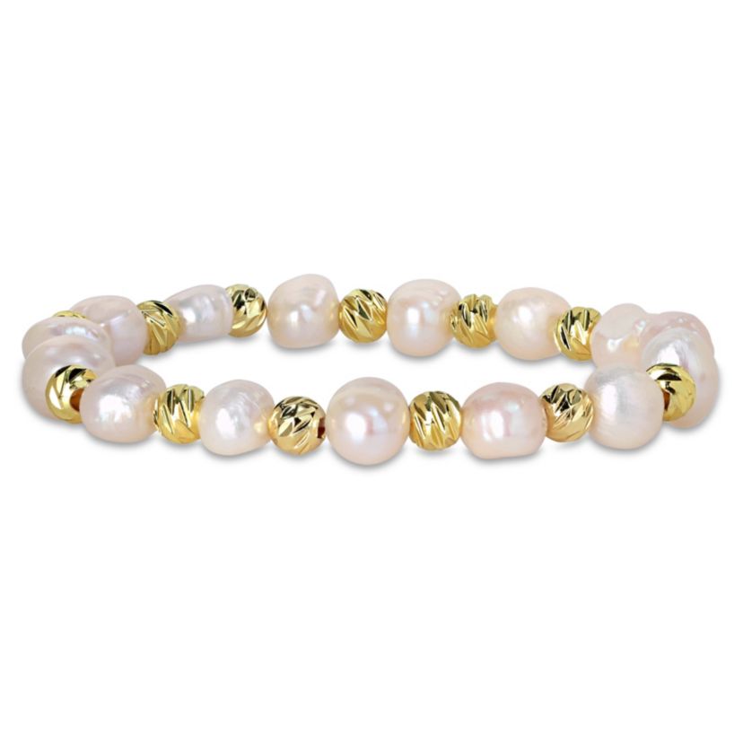 9-10mm Freshwater Cultured Pearl with 6.5mm Beads Elastic Bracelet in Goldtone