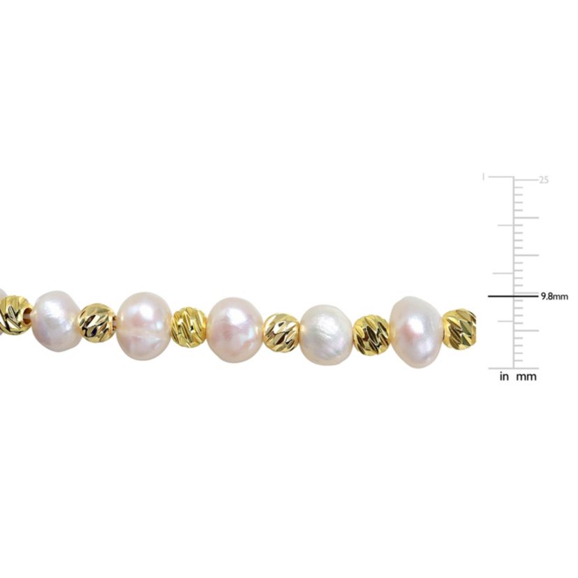 9-10mm Freshwater Cultured Pearl with 6.5mm Beads Elastic Bracelet in Goldtone