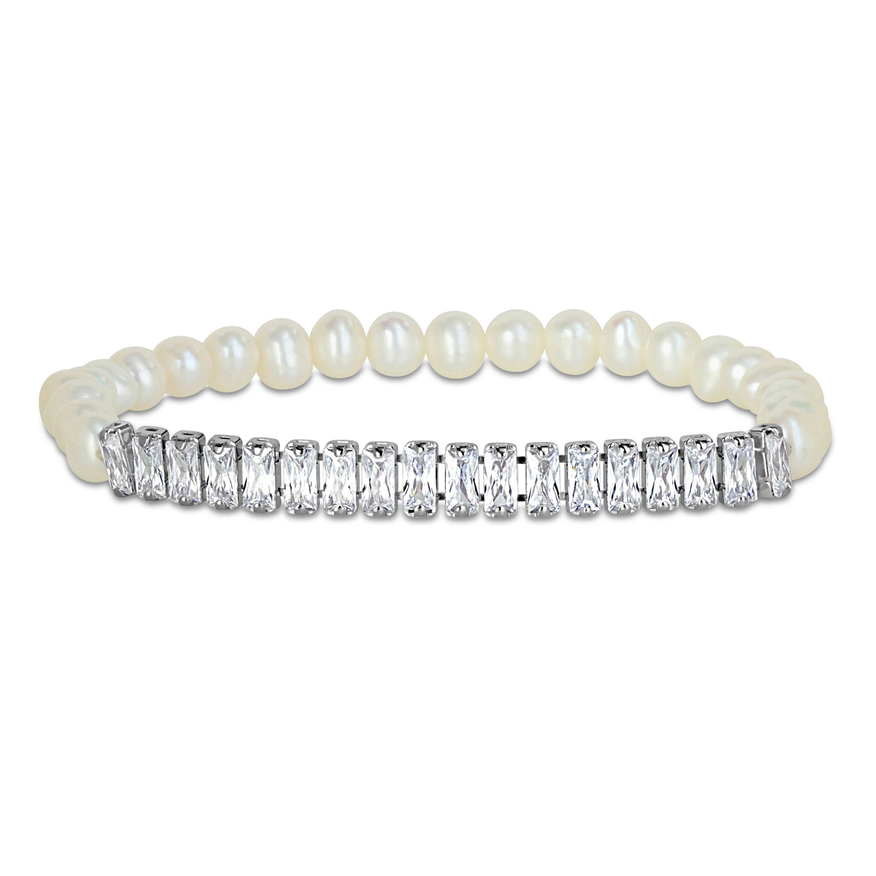 5.5-6mm Freshwater Cultured Pearl and Cubic Zirconia Bracelet in Sterling Silver
