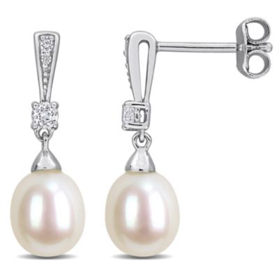 Belk & Co 7-7.5mm Freshwater Cultured Pearl and White Topaz Drop Earrings in Sterling Silver