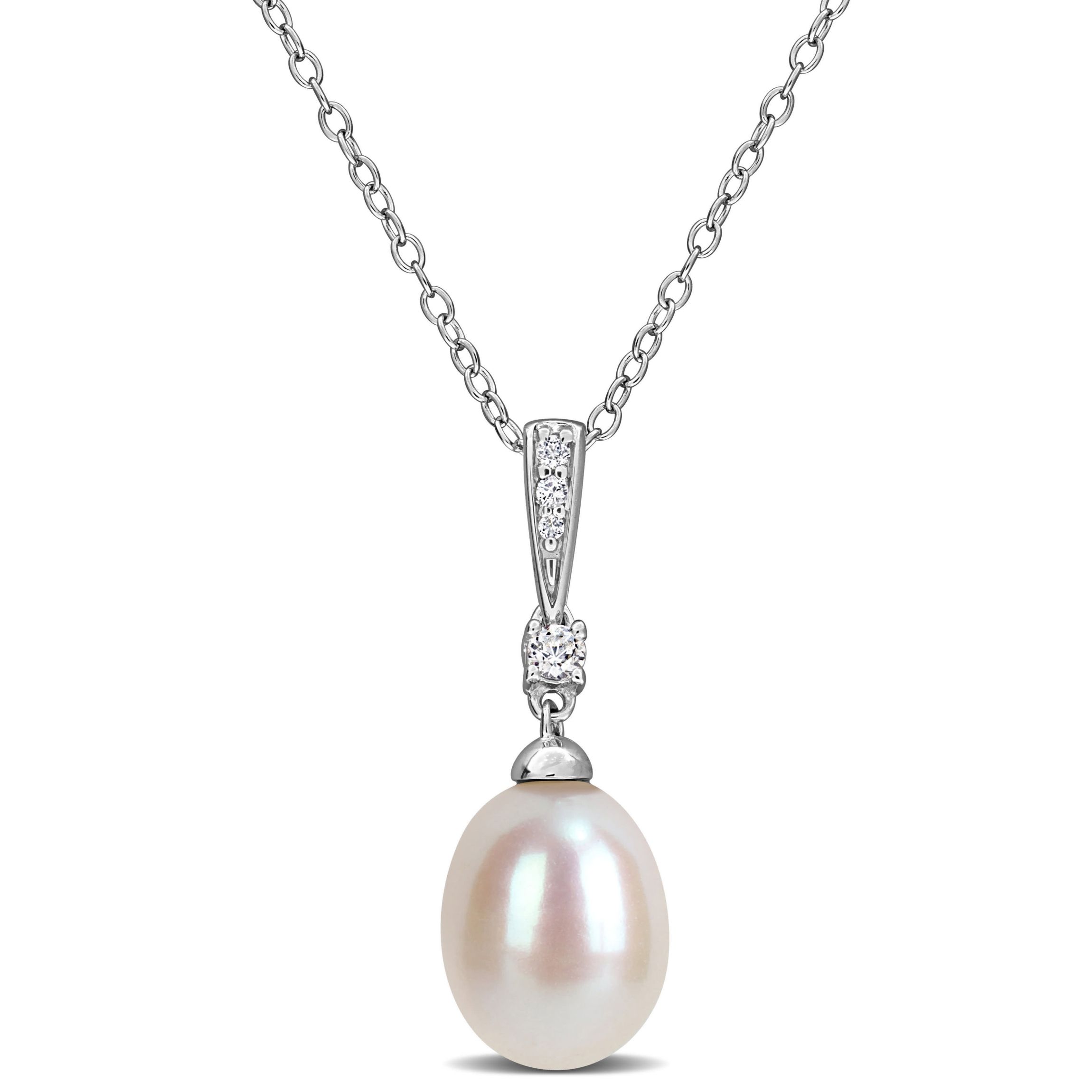 8.5-9mm Freshwater Cultured Pearl and White Topaz Pendant with Chain in Sterling Silver