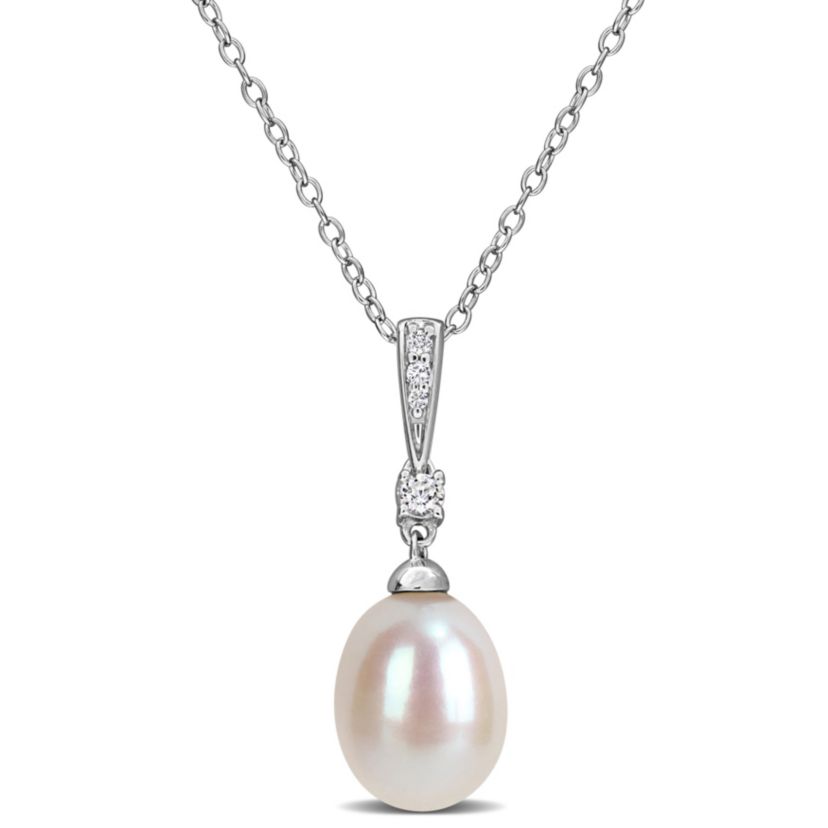 8.5-9mm Freshwater Cultured Pearl and White Topaz Pendant with Chain in Sterling Silver