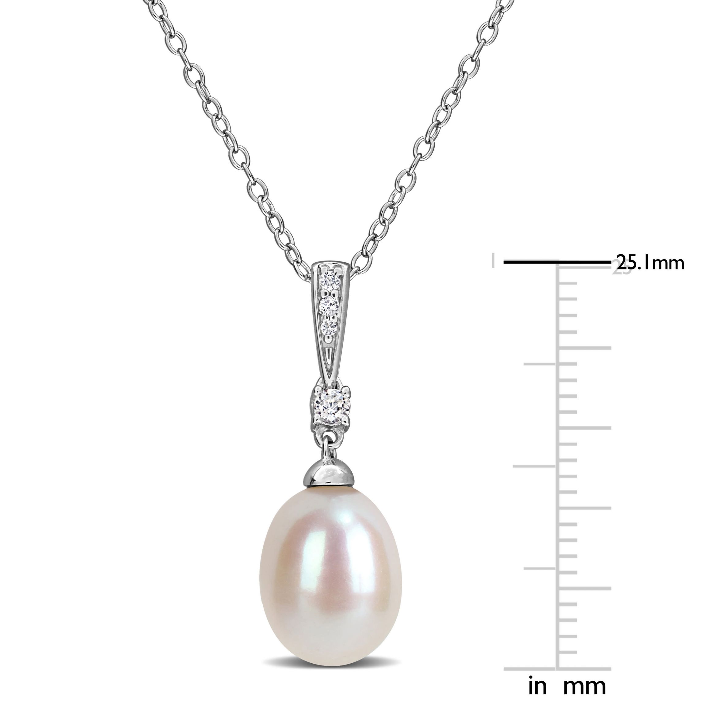 8.5-9mm Freshwater Cultured Pearl and White Topaz Pendant with Chain in Sterling Silver