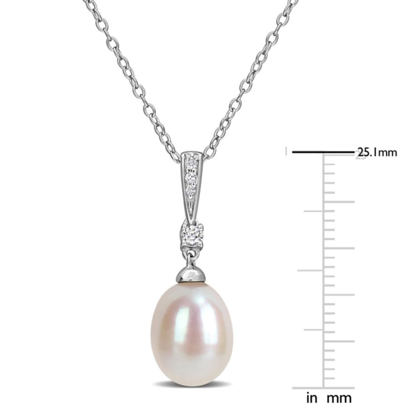 8.5-9mm Freshwater Cultured Pearl and White Topaz Pendant with Chain in Sterling Silver