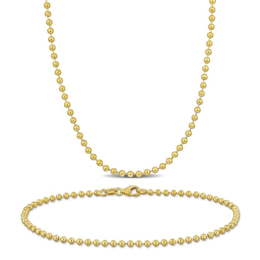 2-Piece Set of 2mm Ball Bead Necklace and Anklet in 14K Yellow Gold, 18" & 9"