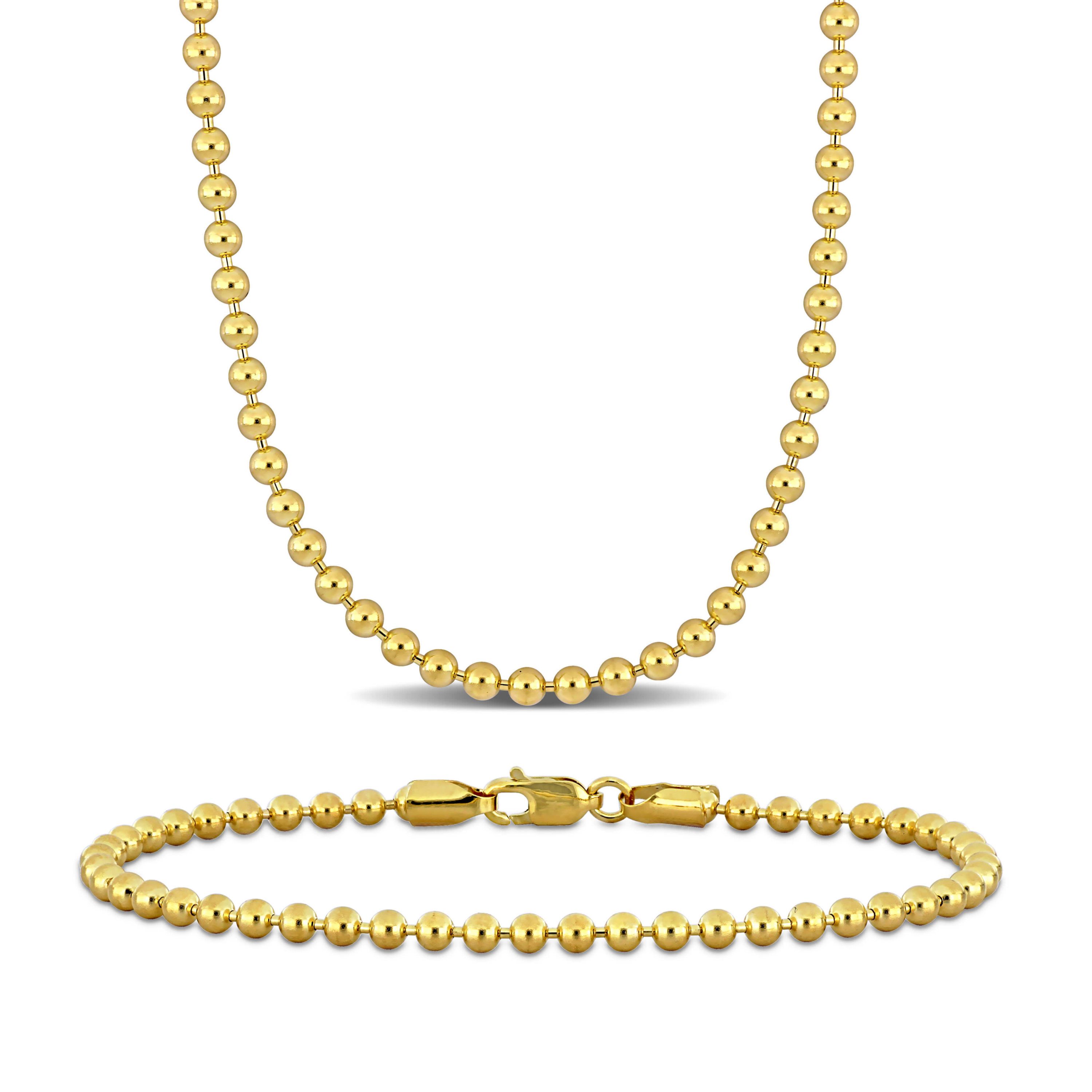 2-Piece Set of 3mm Ball Bead Necklace and Bracelet in 14K Yellow Gold, 18" & 7"