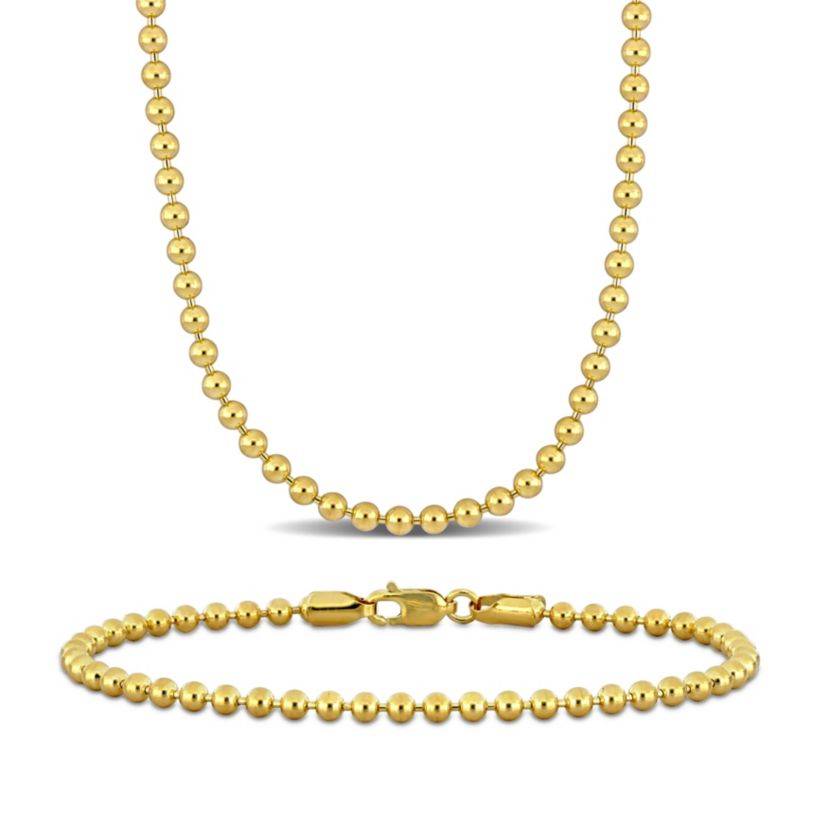 2-Piece Set of 3mm Ball Bead Necklace and Bracelet in 14K Yellow Gold, 18" & 7"