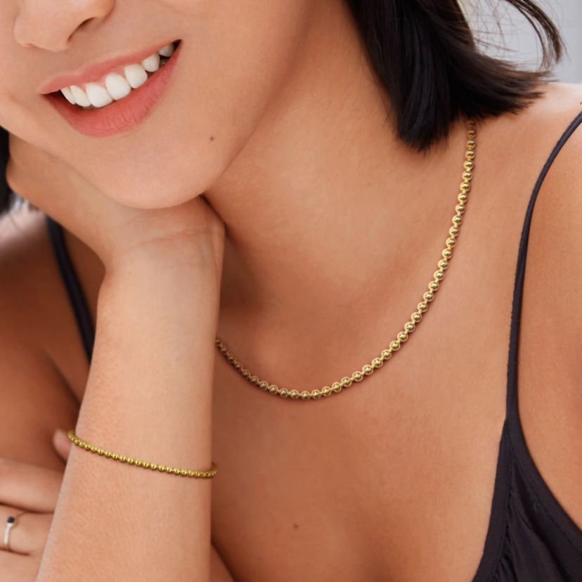 2-Piece Set of 3mm Ball Bead Necklace and Bracelet in 14K Yellow Gold, 18" & 7"
