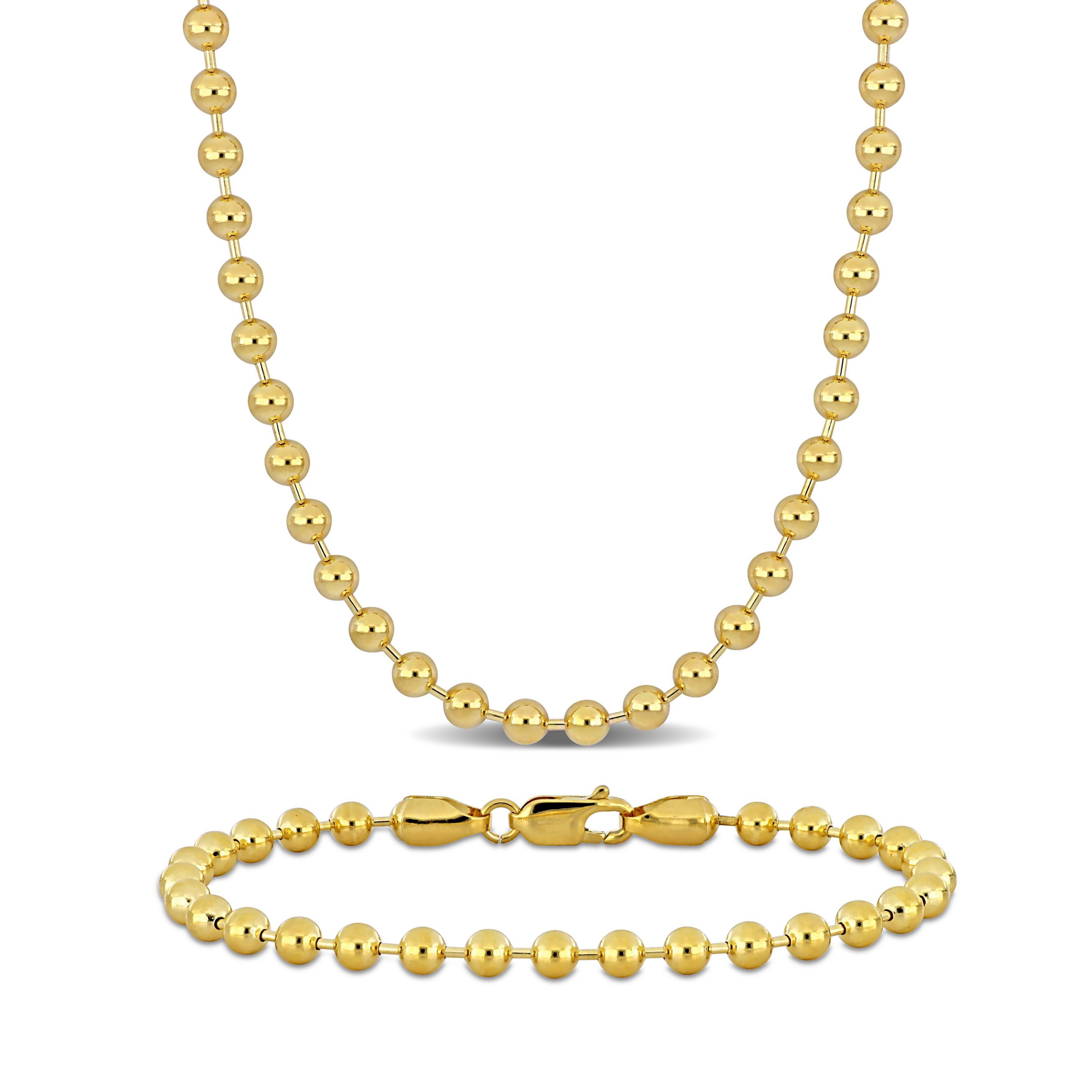 2-Piece Set of 4mm Ball Bead Necklace and Bracelet in 14K Yellow Gold, 16.25" & 7.25"