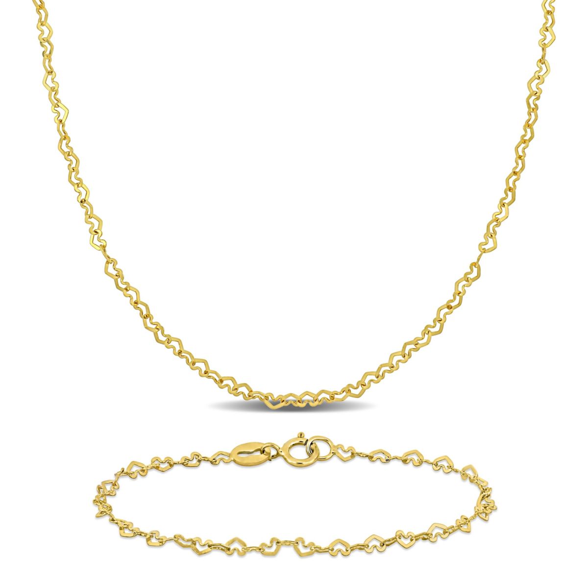 2-Piece Set of 2mm Heart Link Necklace and Bracelet in 14K Yellow Gold, 18" & 7.5"
