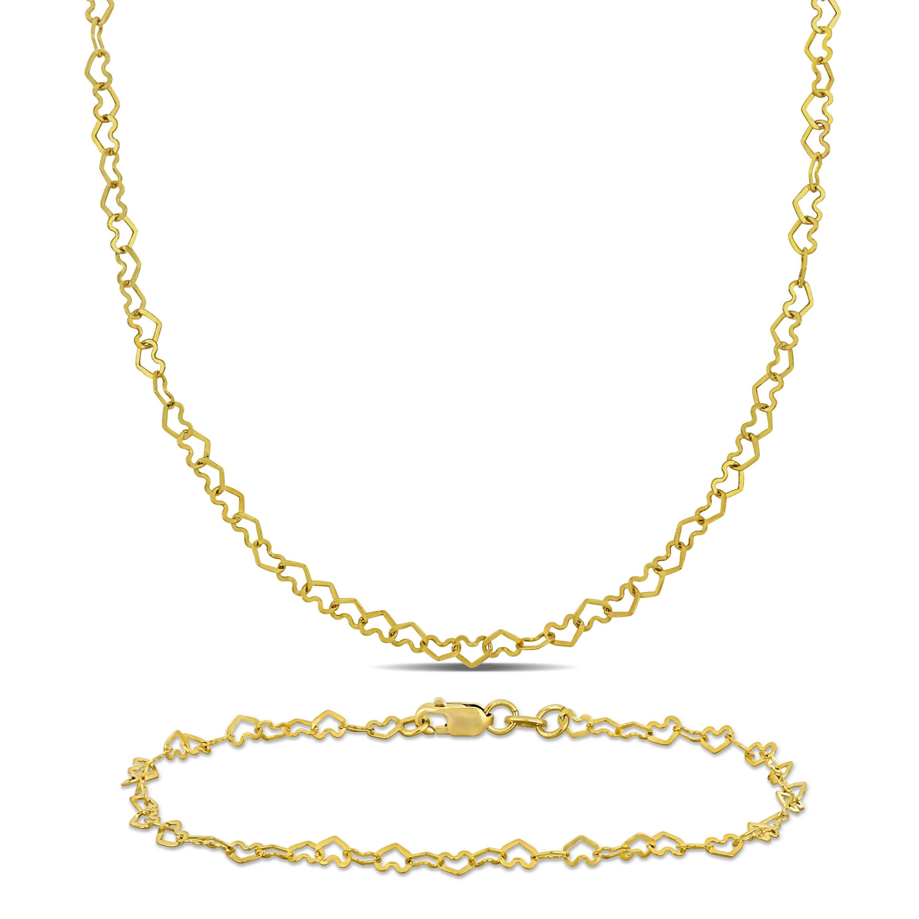 2-Piece Set of 3mm Heart Link Necklace and Bracelet in 14K Yellow Gold, 16" & 7.5"
