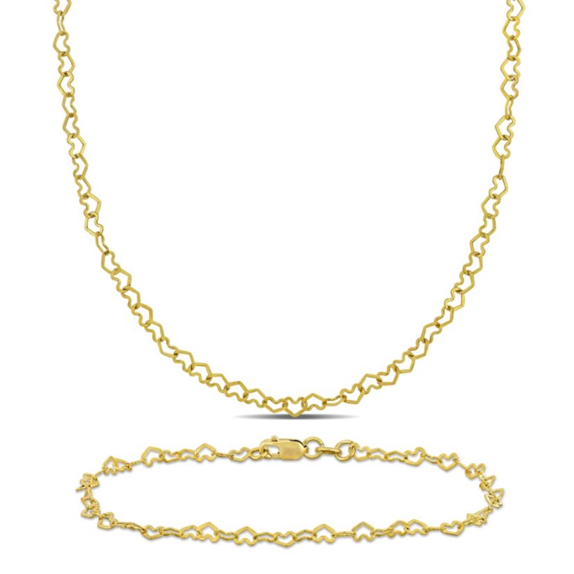 2-Piece Set of 3mm Heart Link Necklace and Bracelet in 14K Yellow Gold, 16" & 7.5"