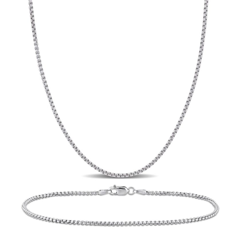 2-Piece Set of 1.6mm Box Link Chain Necklace and Bracelet in 10K White Gold, 20" & 7.5"