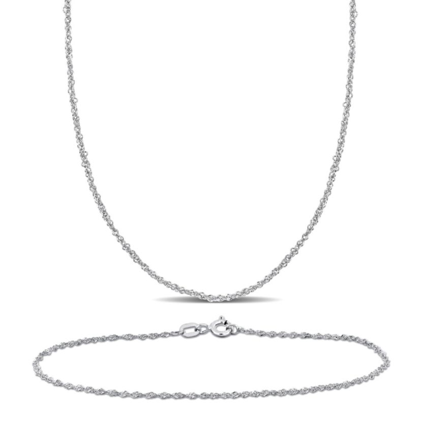 2-Piece Set of Mens 1.2mm Singapore Chain Necklace and Bracelet in 14K White Gold, 20" & 9"
