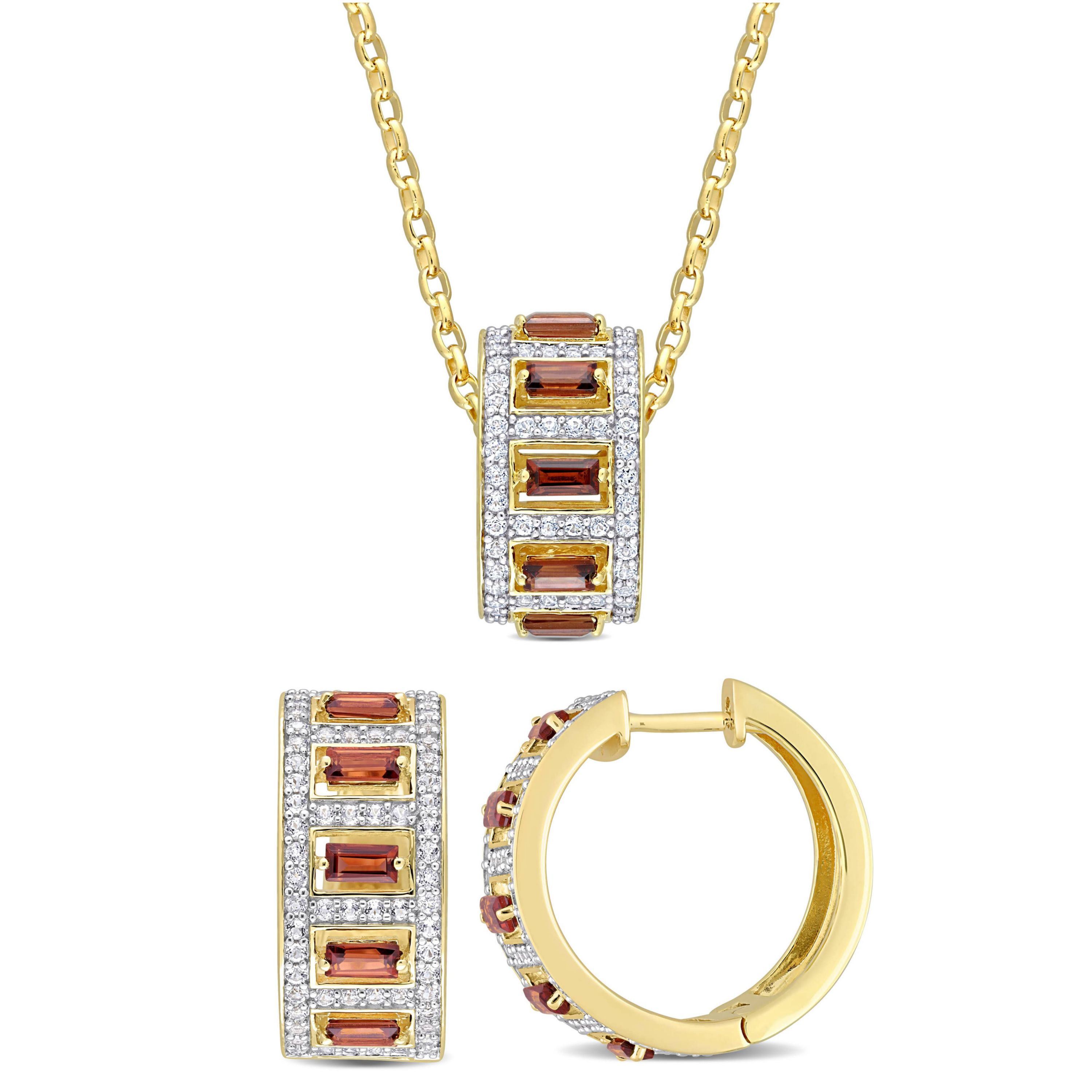 2-Pc Set of Garnet & Created White Sapphire Earrings & Pendant with Chain in Yellow Plated Sterling Silver