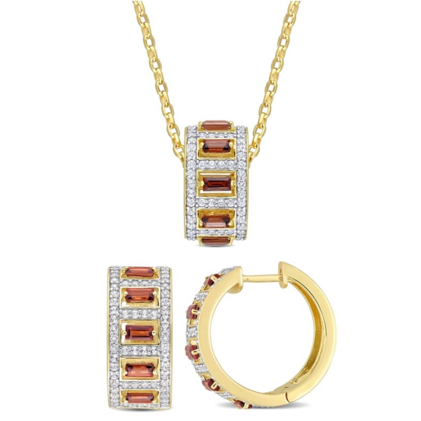 2-Pc Set of Garnet & Created White Sapphire Earrings & Pendant with Chain in Yellow Plated Sterling Silver
