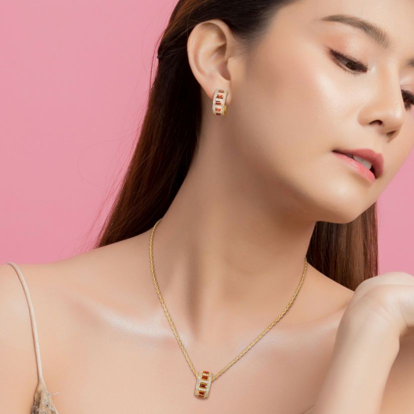 2-Pc Set of Garnet & Created White Sapphire Earrings & Pendant with Chain in Yellow Plated Sterling Silver