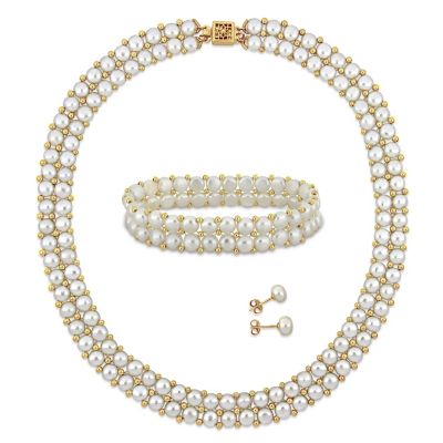 Belk & Co 3-Pc Set of 6-7mm Freshwater Cultured Pearl Double-Row Earrings, Bracelet & Necklace in Yellow Plated Sterling Silver