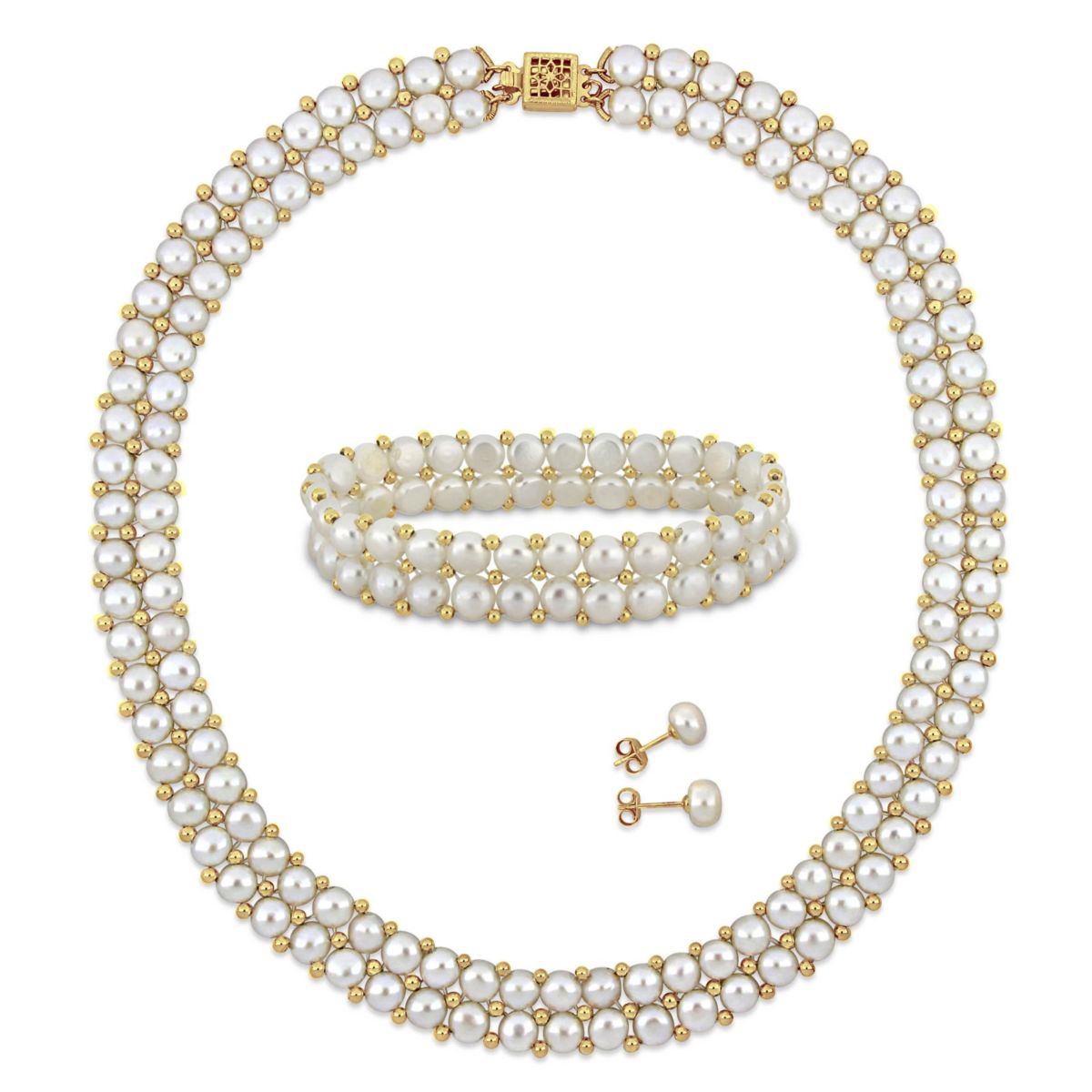 3-Pc Set of 6-7mm Freshwater Cultured Pearl Double-Row Earrings, Bracelet & Necklace in Yellow Plated Sterling Silver