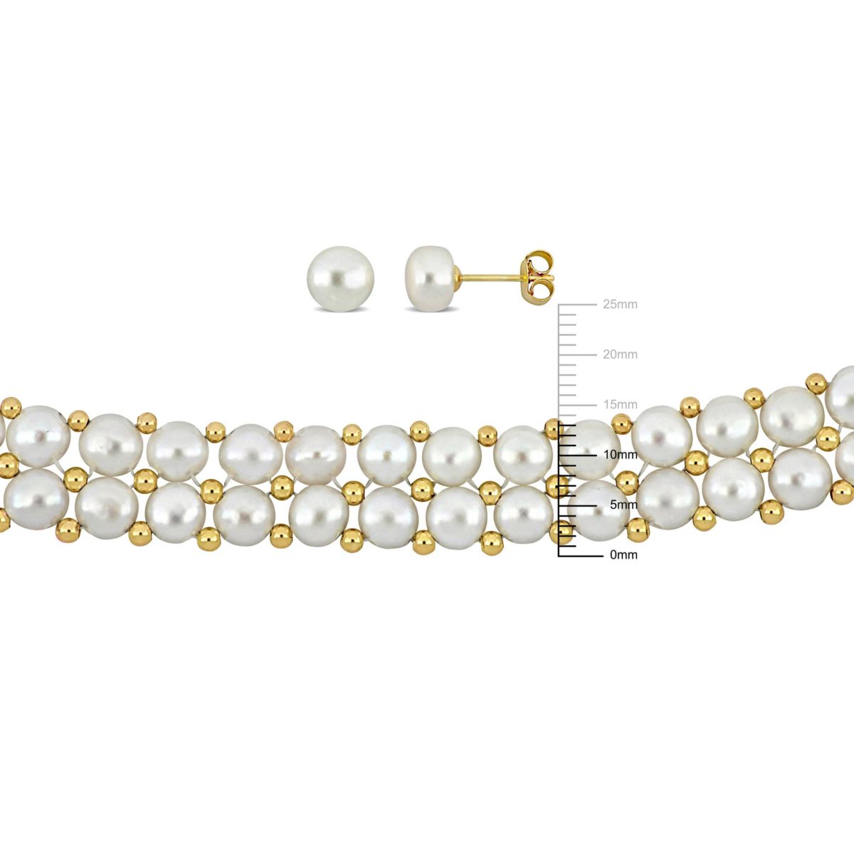 3-Pc Set of 6-7mm Freshwater Cultured Pearl Double-Row Earrings, Bracelet & Necklace in Yellow Plated Sterling Silver