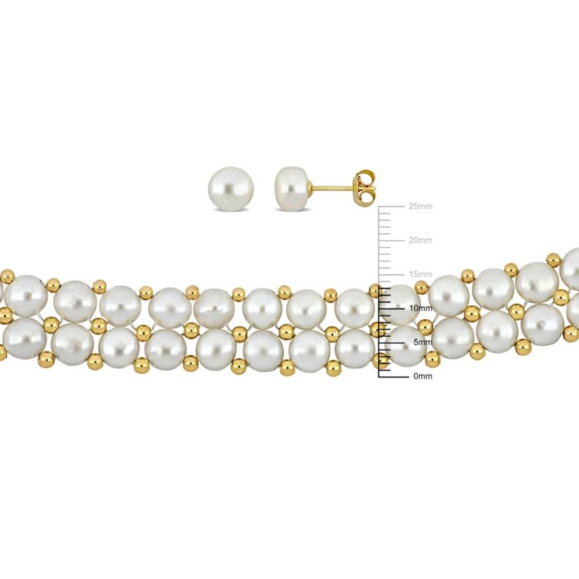 3-Pc Set of 6-7mm Freshwater Cultured Pearl Double-Row Earrings, Bracelet & Necklace in Yellow Plated Sterling Silver