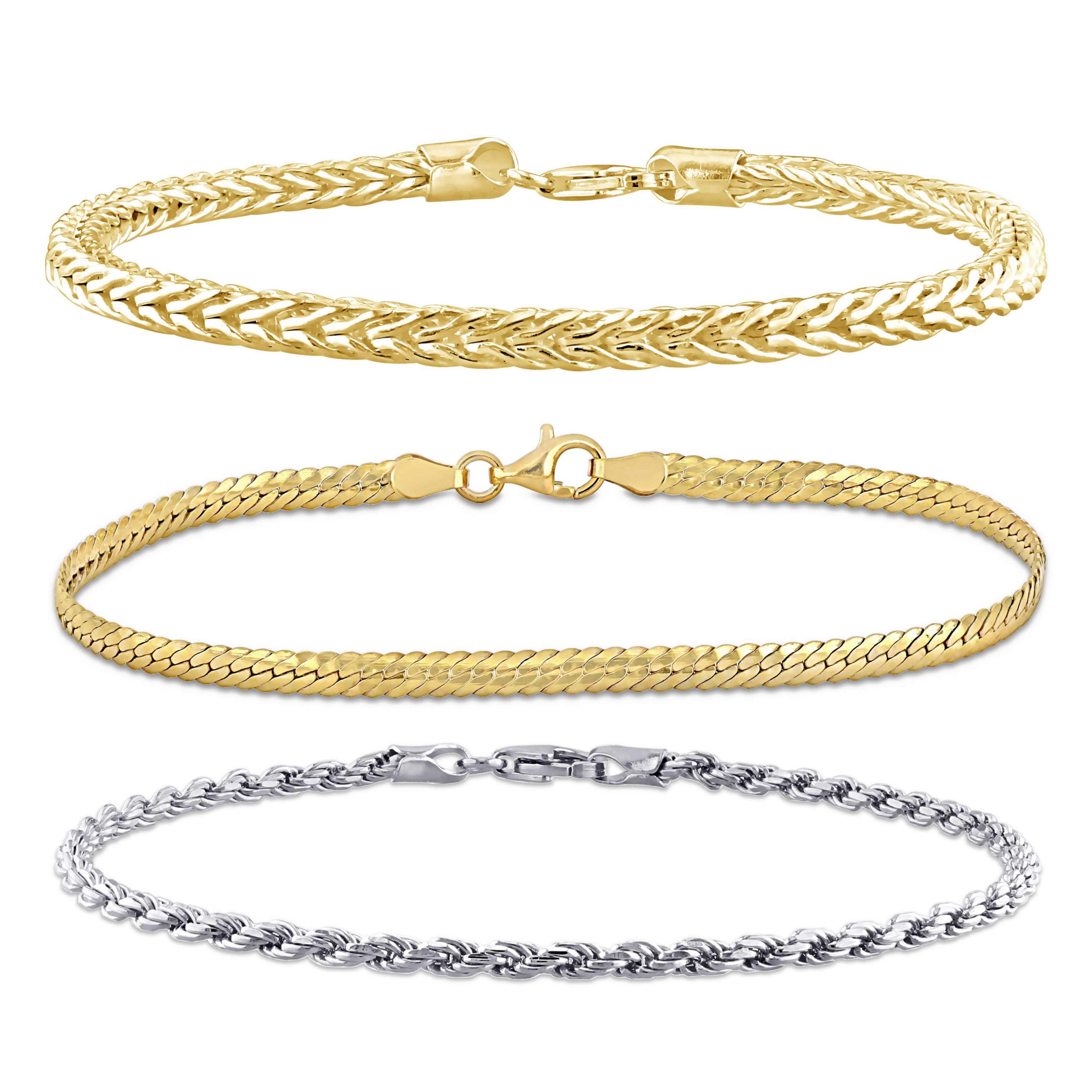 3-Pc Set of Herringbone, Rope & Foxtail Bracelets in 2-Tone Sterling Silver