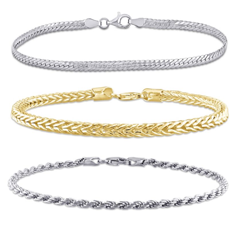 3-Pc Set of Herringbone, Rope & Foxtail Bracelets in 2-Tone Sterling Silver