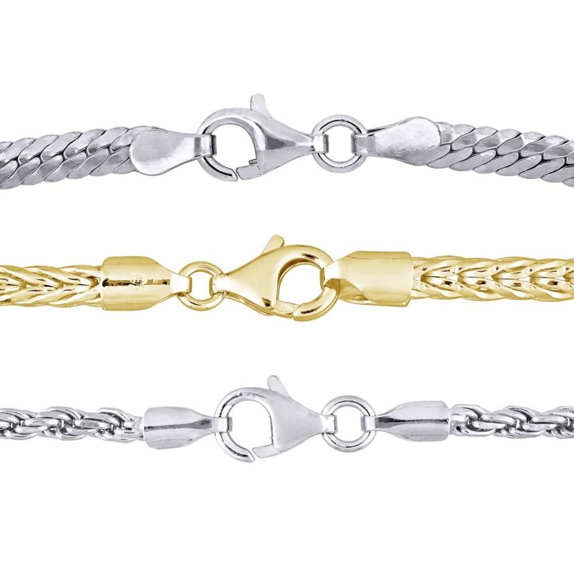 3-Pc Set of Herringbone, Rope & Foxtail Bracelets in 2-Tone Sterling Silver
