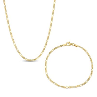 Haylee Jewels 2-Pc Set of 2.2mm Figaro Chain Bracelet & Necklace in Yellow Plated Sterling Silver