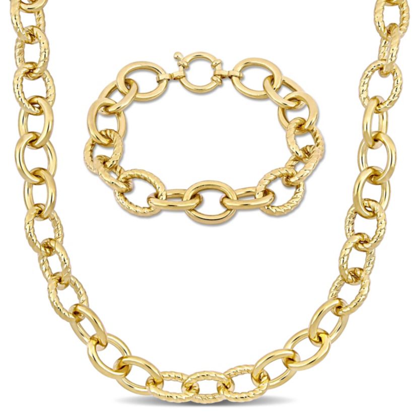 2-Pc Set of Oval Link Bracelet & Necklace in Yellow Plated Sterling Silver