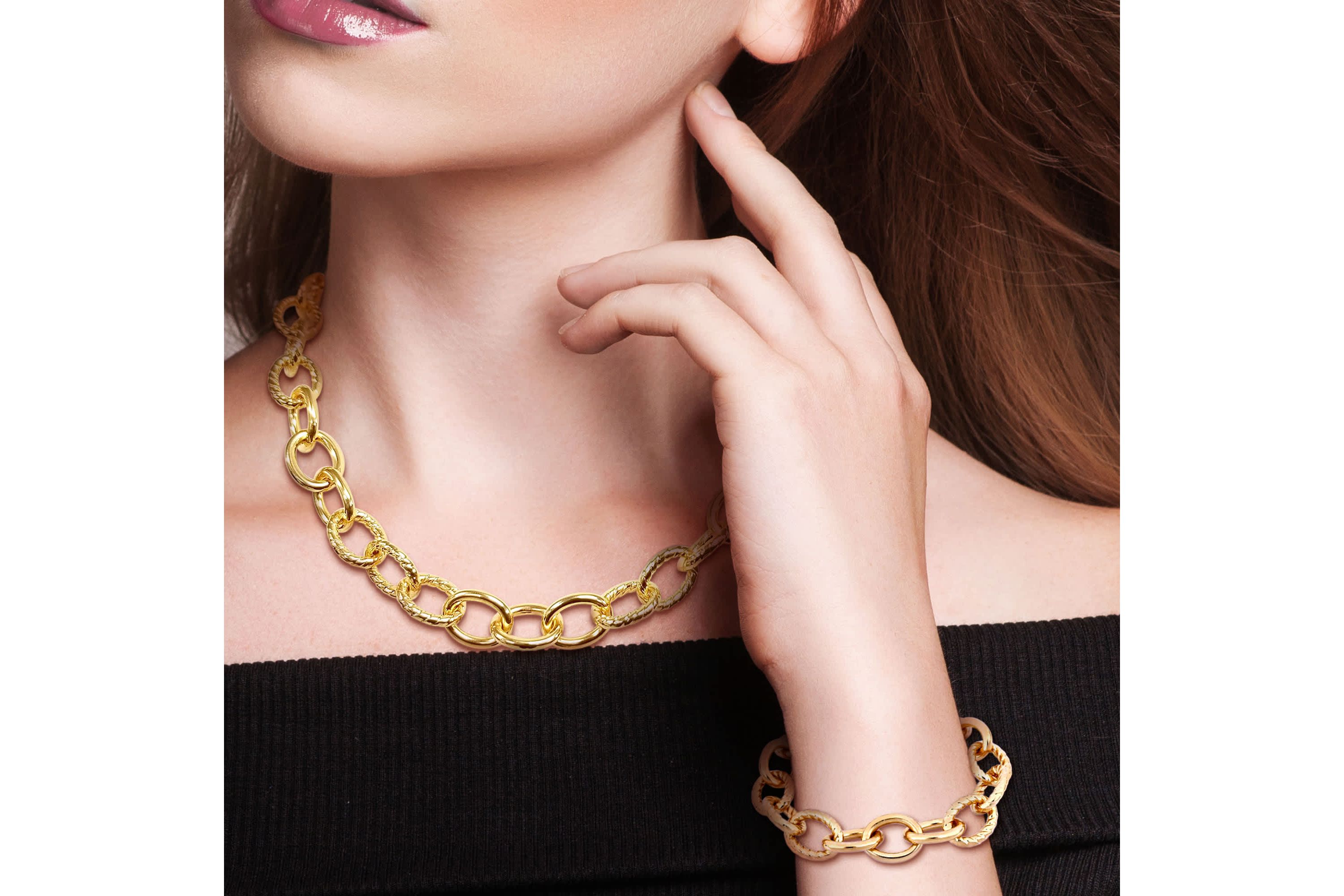 2-Pc Set of Oval Link Bracelet & Necklace in Yellow Plated Sterling Silver