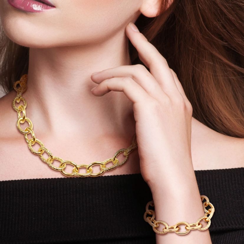 2-Pc Set of Oval Link Bracelet & Necklace in Yellow Plated Sterling Silver