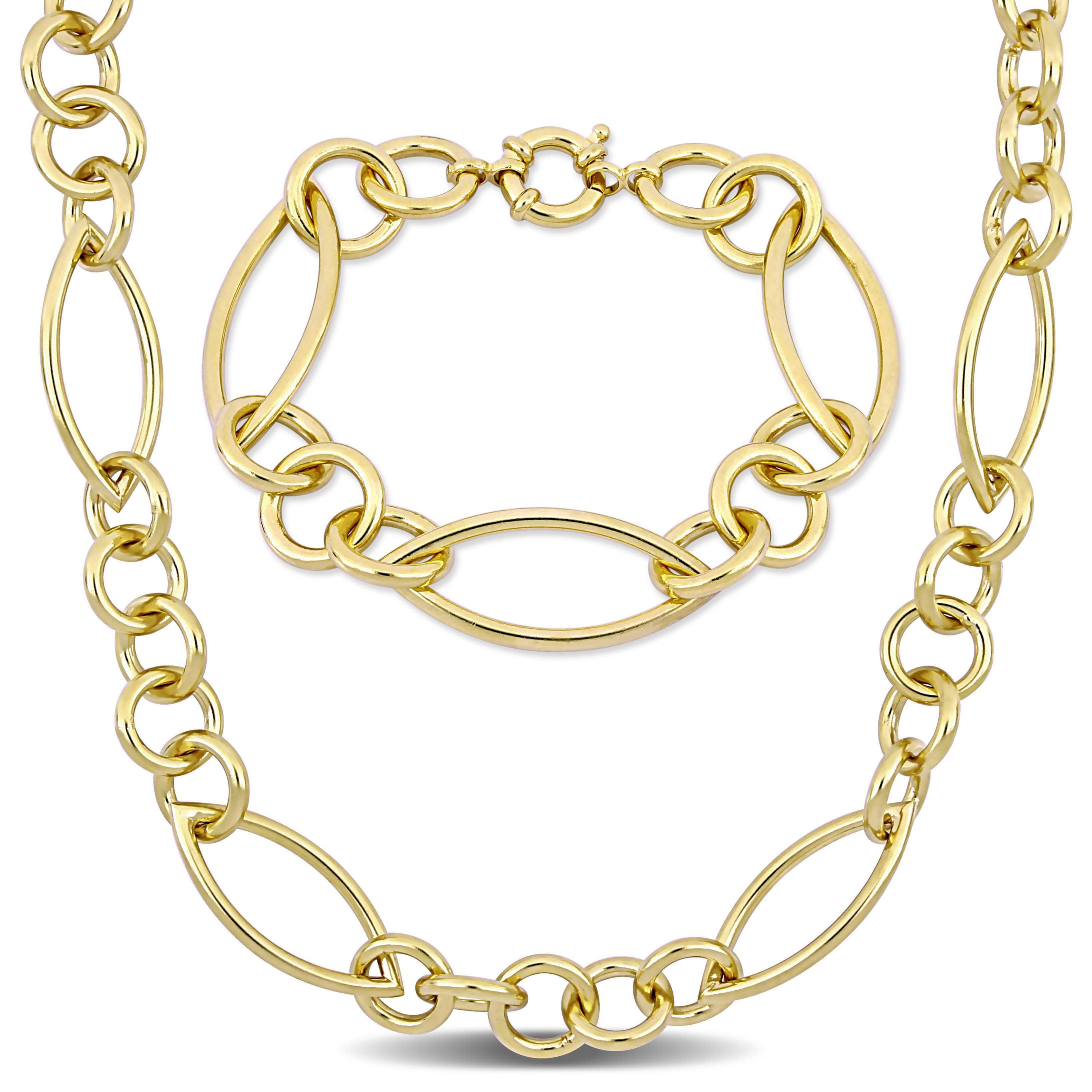 2-Pc Set of Fancy Link Bracelet & Necklace in Yellow Plated Sterling Silver