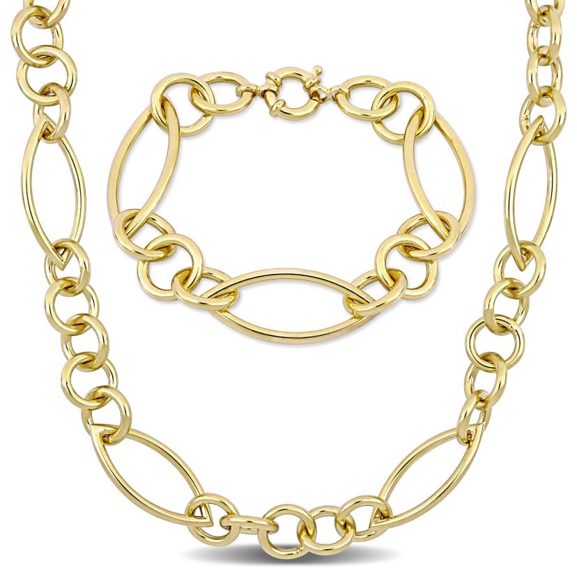 2-Pc Set of Fancy Link Bracelet & Necklace in Yellow Plated Sterling Silver