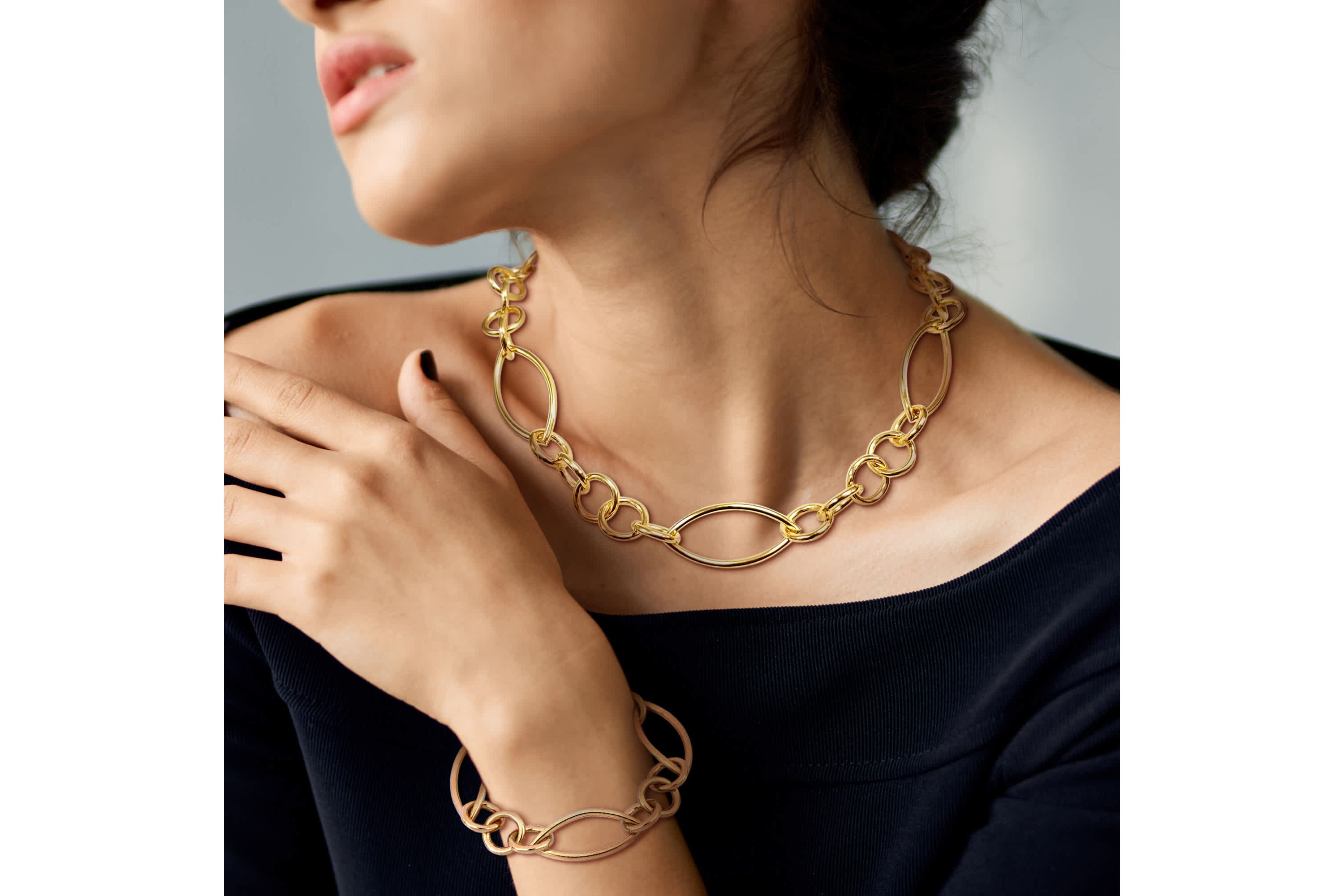2-Pc Set of Fancy Link Bracelet & Necklace in Yellow Plated Sterling Silver