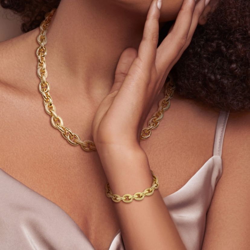 2-Pc Set of Oval Link Bracelet & Necklace in Yellow Plated Sterling Silver