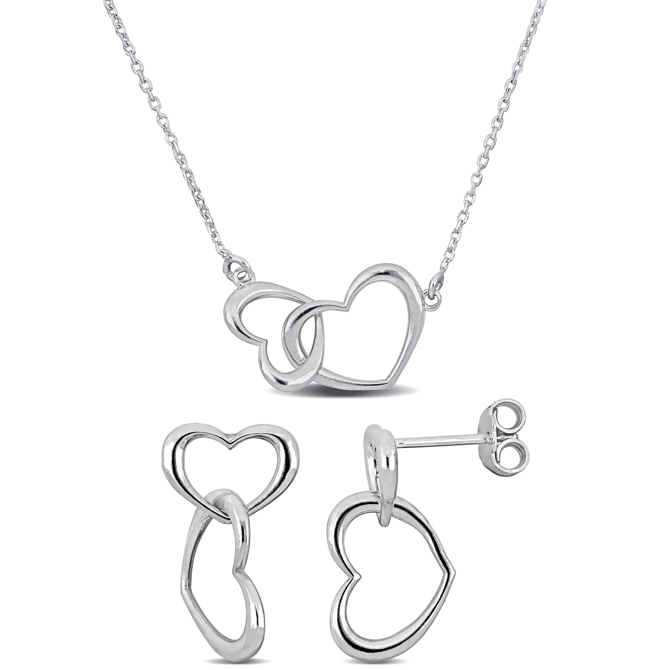 2-Pc Set of Double Heart Charm Necklace & Bracelet in Sterling Silver