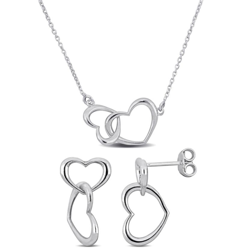 2-Pc Set of Double Heart Charm Necklace & Bracelet in Sterling Silver